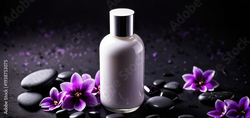cosmetic bottle, purple flowers, black stones, banner, concept of beauty, spa