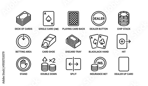 Casino icons: playing cards, dealer button, betting actions