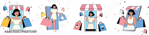 Vector illustrations of woman shopping via smartphone for retail marketing
