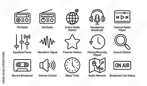 Radio icons: fm, am, online, headphone, internet, equalizer, waveform, favorite, history, search, record, volume, sleep, network, broadcast