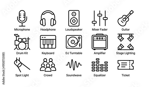 Music equipment icons set: microphone, guitar, dj turntable, and more
