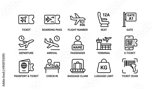 Airport icons: ticket, boarding, flight, gate, check-in, departure, arrival, terminal, passport, luggage