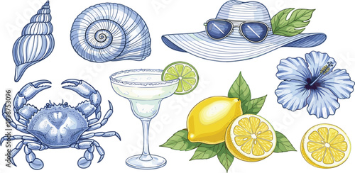 Summer Beach Vacation Vector Set with Seashells, Crab, Lemon, Margarita Cocktail, Sun Hat, Sunglasses, Tropical Flower and Coastal Holiday Elements