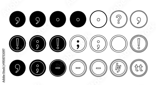 Collection of punctuation icons in various styles on a clean background viewed from directly above
