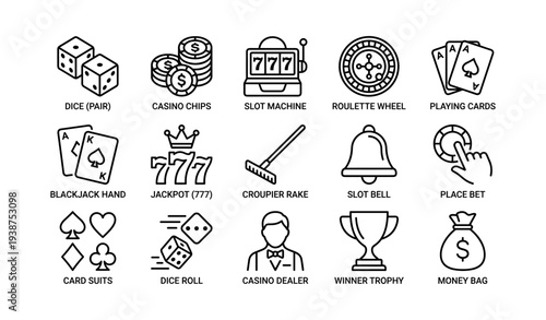 Casino symbols set: dice, chips, slot machine, cards