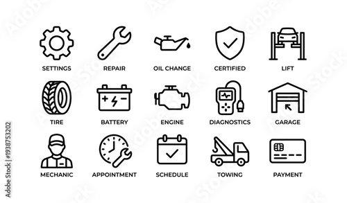 Car maintenance icons: tools, services, and appointments