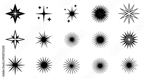 Collection of diverse starburst icons in various styles on a clean background from a straightforward viewpoint