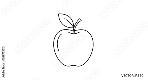 Simple Line Art Apple Icon with Leaf, Vector Illustration