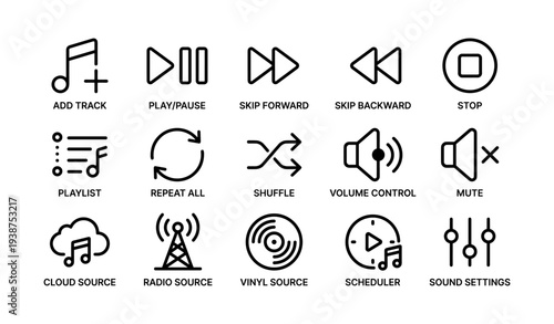 Media control icons set: music, playback, audio settings, playlist, shuffle