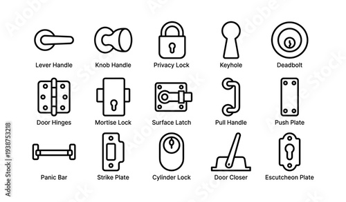 Various types of door hardware including locks and handles for secure entry systems