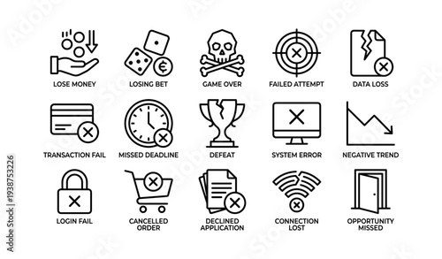 Icons depicting business and technology failures and challenges