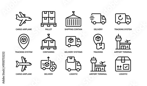 Transportation and logistics icons: airplane, delivery truck, cargo, shipping containers