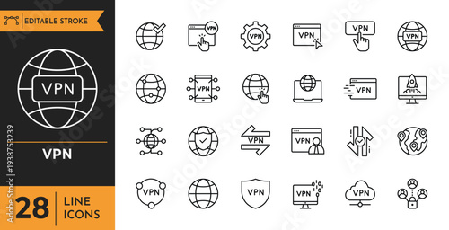 A collection of line icons depicting various technology and communication symbols including VPN, globe, and chat bubbles on a digital platform.