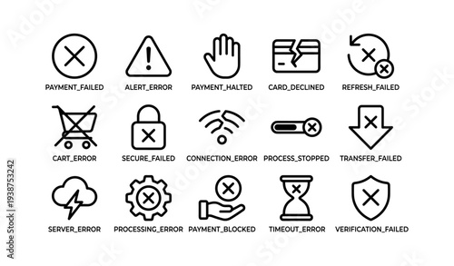 Set of error icons: payment, security, connection, transfer, processing, server, verification issues