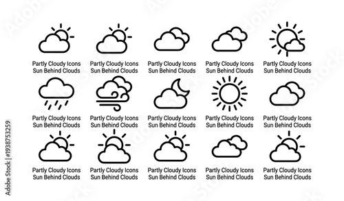 Weather icons collection: sun, clouds, wind, and rain symbols