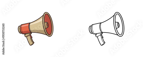 Handheld emergency megaphone illustration in color and linear outline style representing sound amplification equipment for public address isolated on white background
