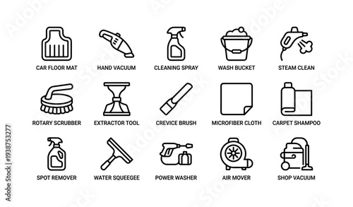 Essential cleaning icons: vacuum, scrubber, cloth, shampoo, washer