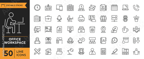 An office workspace with various icons and graphics on a desk in a modern room with a person working.