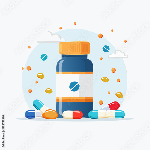 Medical pills and bottle illustration for health and medicine.
