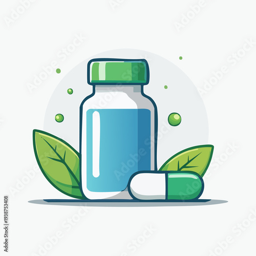 Medical Supplement Bottle with Capsule and Green Leaves Illustration.