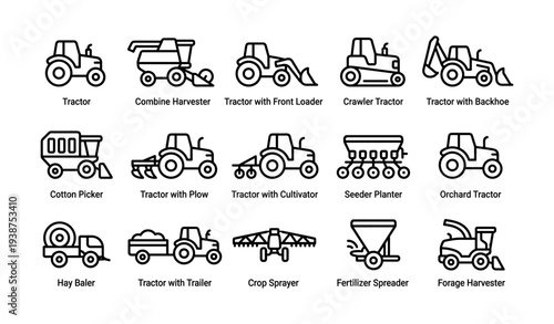 Agricultural equipment icons: tractors, harvesters, planters, sprayers, spreaders