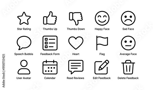 User interface icons for feedback and rating: star, thumbs, faces, speech bubble, heart