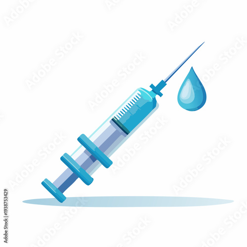Medical syringe with a drop of liquid ready for injection.