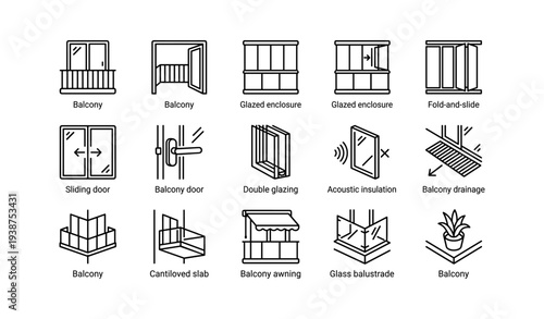 Balcony and door design icons: glazed enclosure, sliding, acoustic insulation