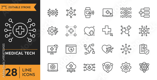 Medical technology icons depict various healthcare symbols and gadgets