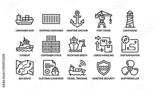 Maritime icons set: ships, navigation, cargo handling, security, propulsion