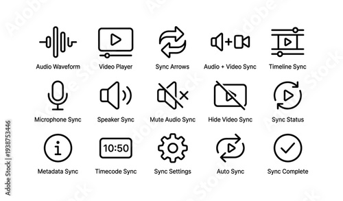 Audio and video sync symbols collection with icons for settings and metadata