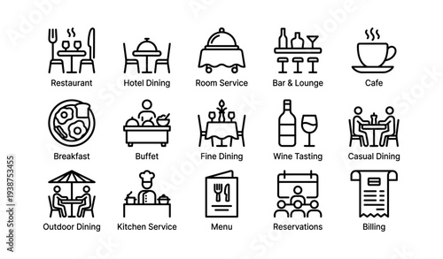 Restaurant and dining icons: buffet, wine tasting, kitchen service