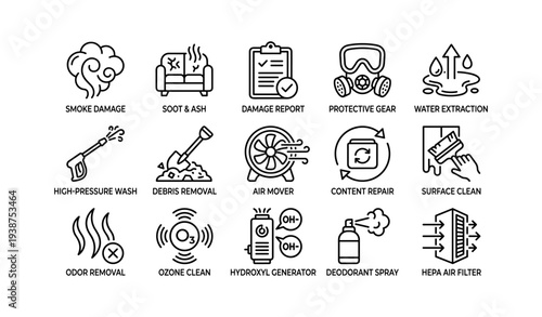 Disaster restoration icons: damage repair, debris removal, protective gear, air purification
