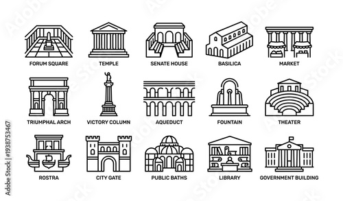 Ancient roman architecture icons: forum, temple, senate, basilicas, market