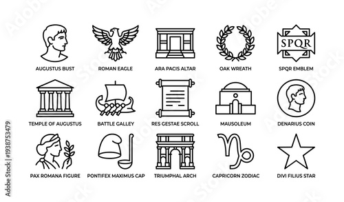 Roman symbols and icons: bust, eagle, altar, wreath, emblem, temple, ship, scroll, mausoleum, coin, figure, hat, arch, zodiac, star