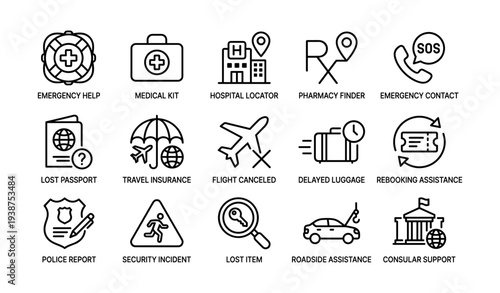 Emergency and travel assistance icons for various situations