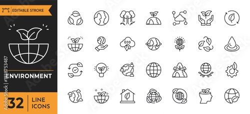 Environment icons depict various eco-friendly symbols on white background