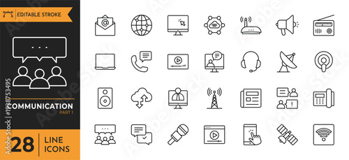 Business professionals engage in communication technology with various icons