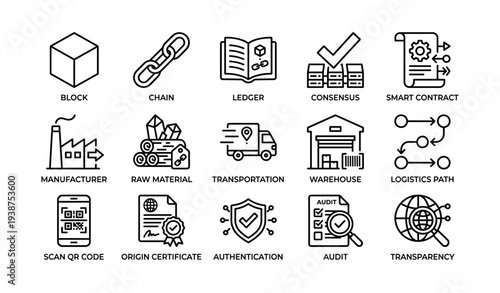 Blockchain supply chain icons: smart contracts, ledger, logistics, audit, transparency