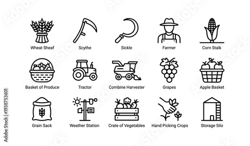 Farm tools and produce icons: wheat, scythe, farmer, corn, tractor, grapes