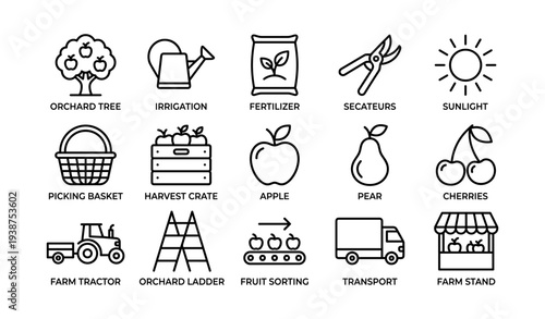 Orchard and farm equipment icons featuring trees, fruit, and tools