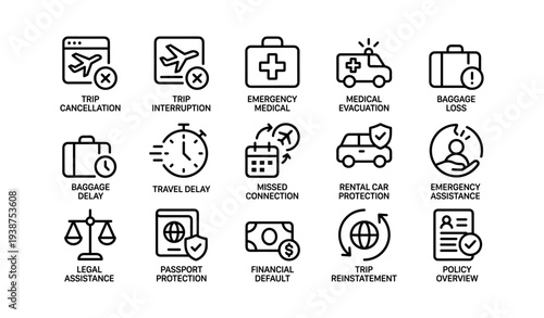 Travel insurance icons set featuring trip cancellation medical emergency baggage loss