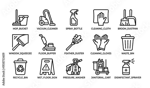 Cleaning supplies icons: vacuum, mop, spray bottle, gloves, waste bin