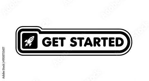 Modern get started button with rocket icon on plain background from a straightforward viewpoint