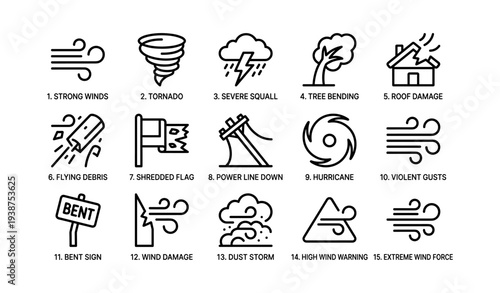 Wind icons: tornado, hurricane, severe squalls, and damage indicators