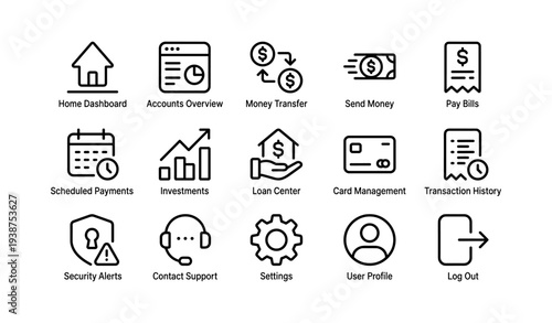 Financial app icons for dashboard and transactions management