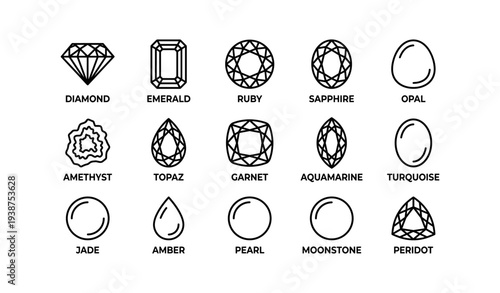 Gemstone illustrations: diamond, emerald, ruby, sapphire, opal, and more outlines