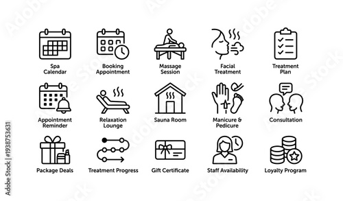Spa service icons including massage, facial, sauna, and consultation elements