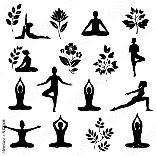 Serene yoga silhouettes surrounded by lush leaves and flowers in a peaceful, monochrome illustration