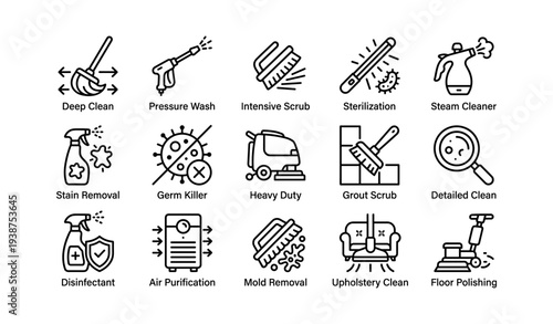 Collection of cleaning tools and methods icons for various home and industrial applications